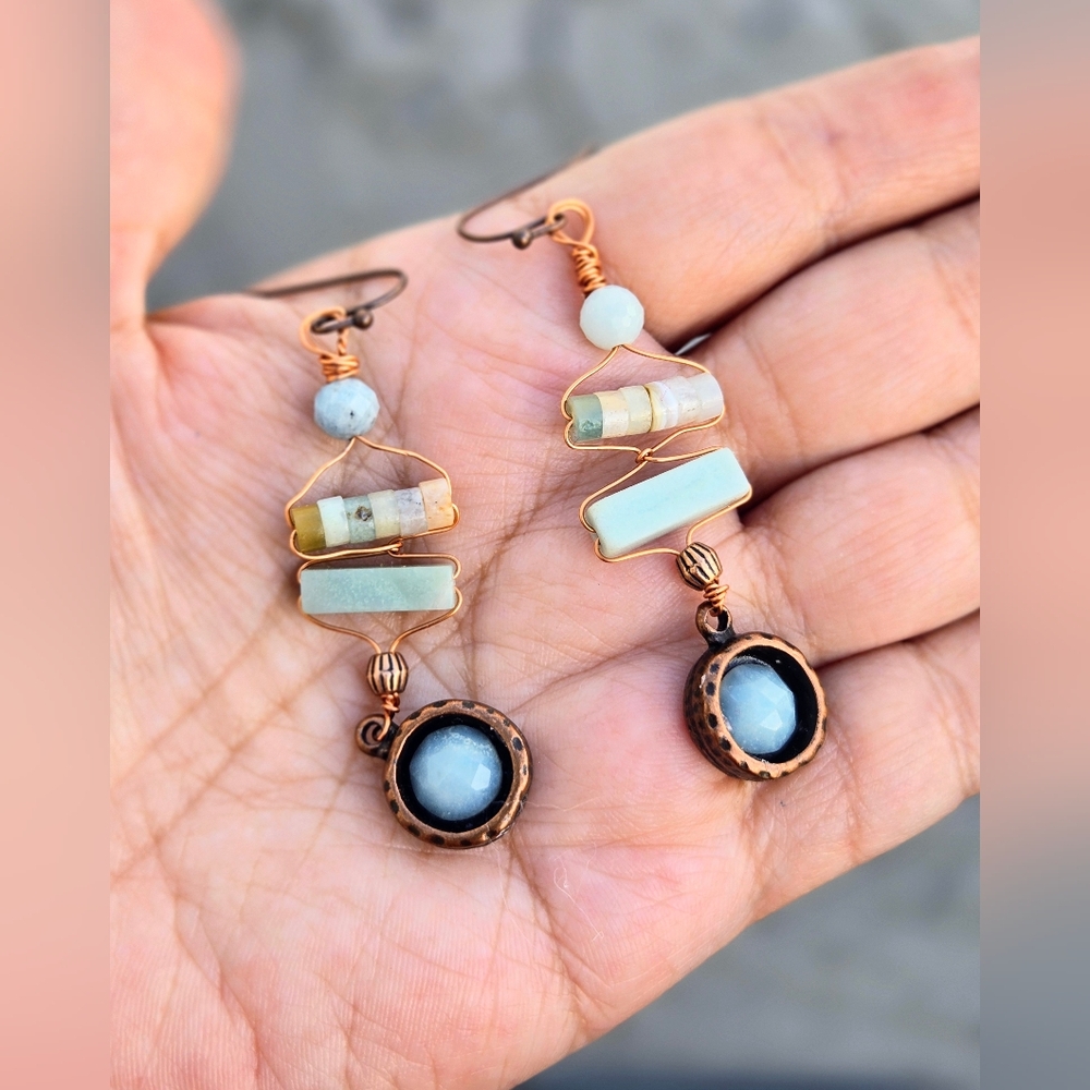 Natural Amazonite In The Scythian Spirit Set In Antique Copper Artifact Earrings - Picture 7 of 11